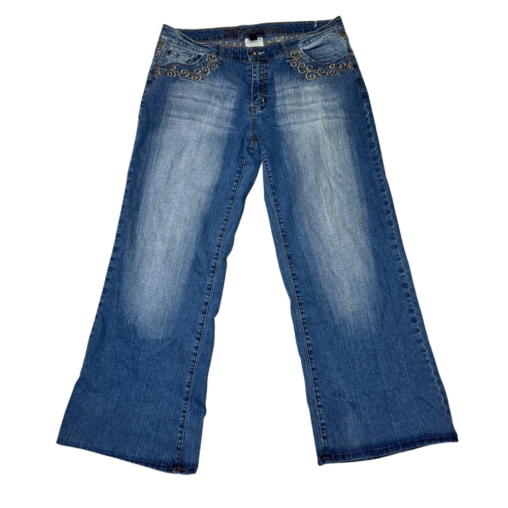 Y2K Apollo Jeans Wide Leg Size 13/14 Embroidered Western Two Tone Denim 2000s - Picture 2 of 8